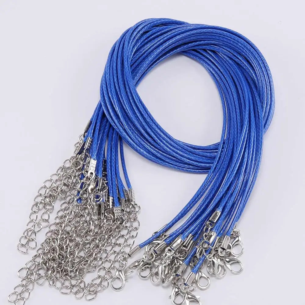 A coiled blue leather cord necklace with silver clasps.