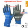 A pair of blue and gray PU-coated work gloves showing the palm side, emphasizing perfect sensitivity and comfort.