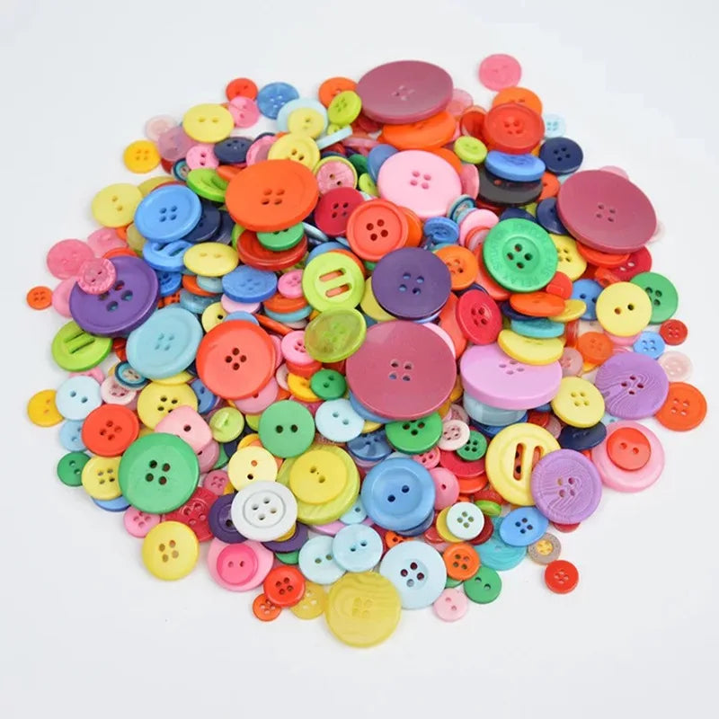 A colorful assortment of round wooden buttons in various shades of pink, yellow, green, and blue.