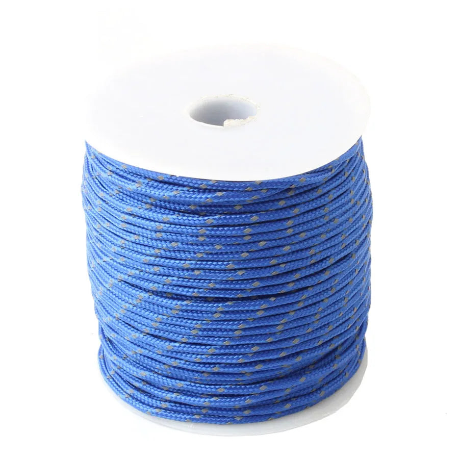 A spool of blue high-visibility reflective paracord coiled on a white background.