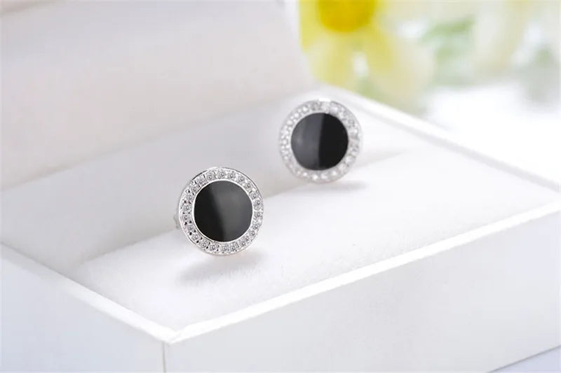 Sterling Silver Round Black Zircon Stud Earrings