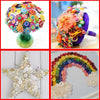 A colorful assortment of wooden buttons in various colors and shapes used for sewing and crafts.