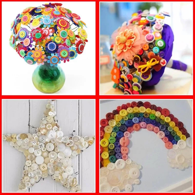 A colorful assortment of wooden buttons in various colors and shapes used for sewing and crafts.