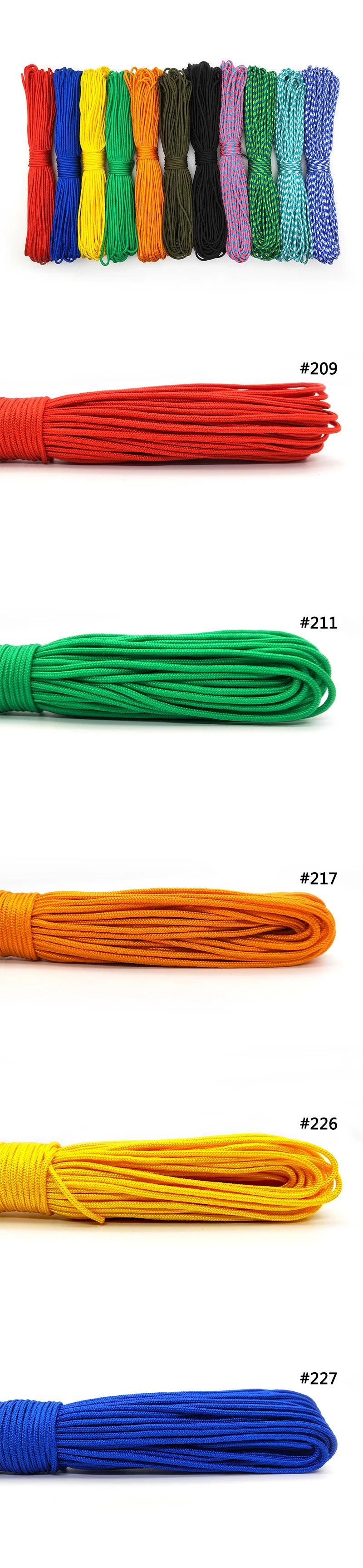 A collection of multi-colored 2mm paracord ropes in various colors including red, green, orange, yellow, and blue.