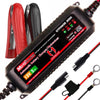 A black 12V motorcycle battery charger and maintainer with red and black accessories.