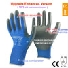 A pair of blue and gray PU-coated work gloves showing features like perfect sensitivity, flexible fit, and long knitting wris