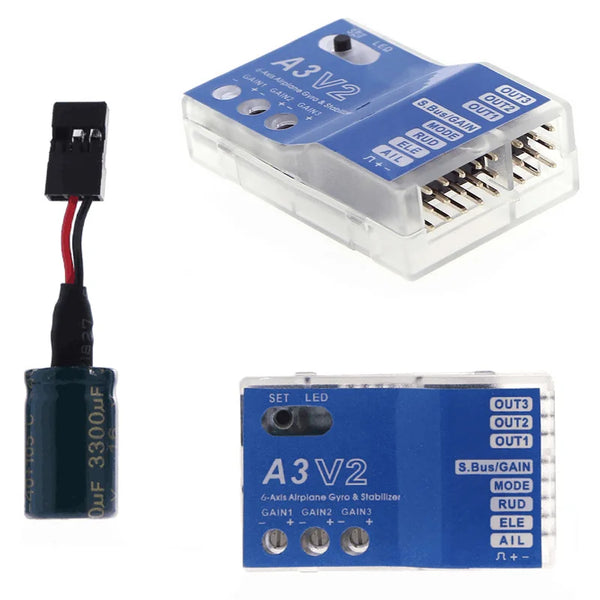 A3V2 electronic flight stabilizer module with a connector and LED indicator