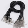 A bundle of black adjustable leather cord necklaces with silver clasps