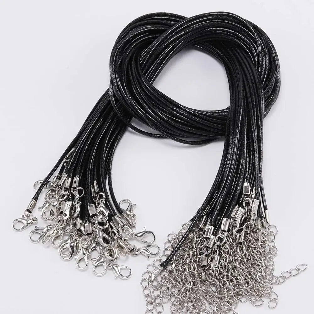 A bundle of black adjustable leather cord necklaces with silver clasps