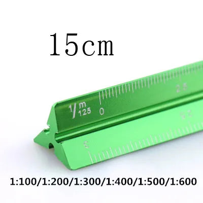 A green aluminium triangular scale ruler marked in centimeters and millimeters.