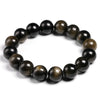 A stretch bracelet made of natural black and gold obsidian gemstones.