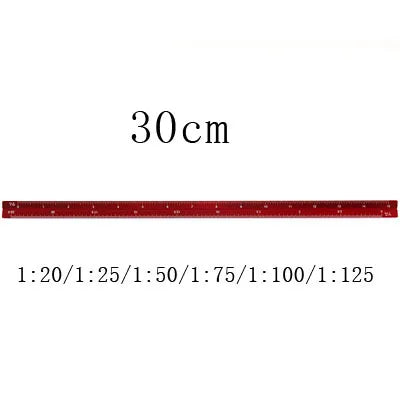 A red aluminium triangular scale ruler marked in centimeters, showing various scale ratios.