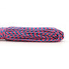 A coil of 2mm multi-color paracord with red, blue, and black strands.