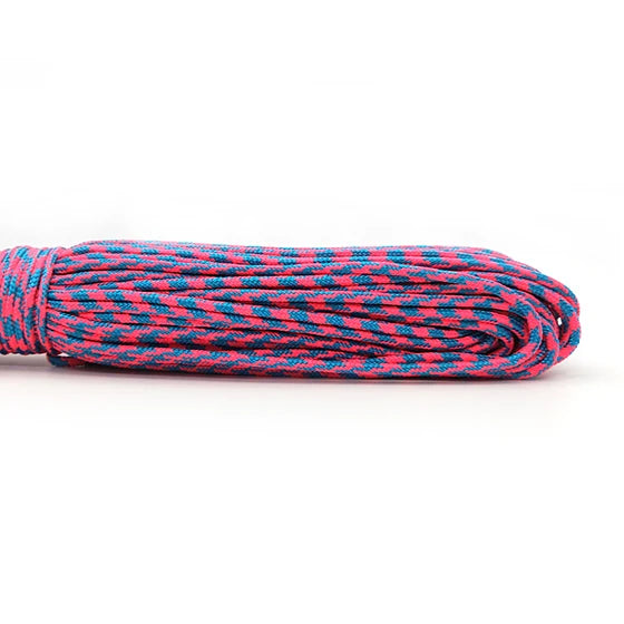 A coil of 2mm multi-color paracord with red, blue, and black strands.