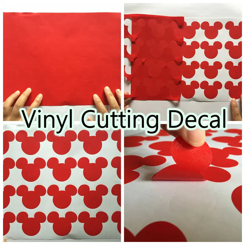 Red Mickey Mouse vinyl cutting decals applied to a white background.