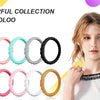 A woman models a colorful collection of braided silicone rings on her fingers.