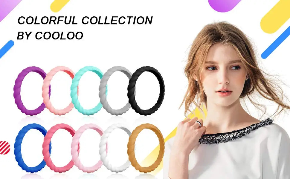 A woman models a colorful collection of braided silicone rings on her fingers.