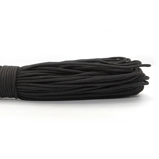 A coil of black 2mm multi-color paracord rope.