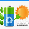 A blue battery-operated device is shown next to a bright orange sun, illustrating it is charged by solar energy saving.