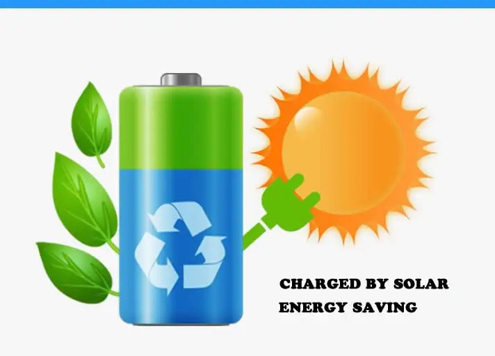 A blue battery-operated device is shown next to a bright orange sun, illustrating it is charged by solar energy saving.