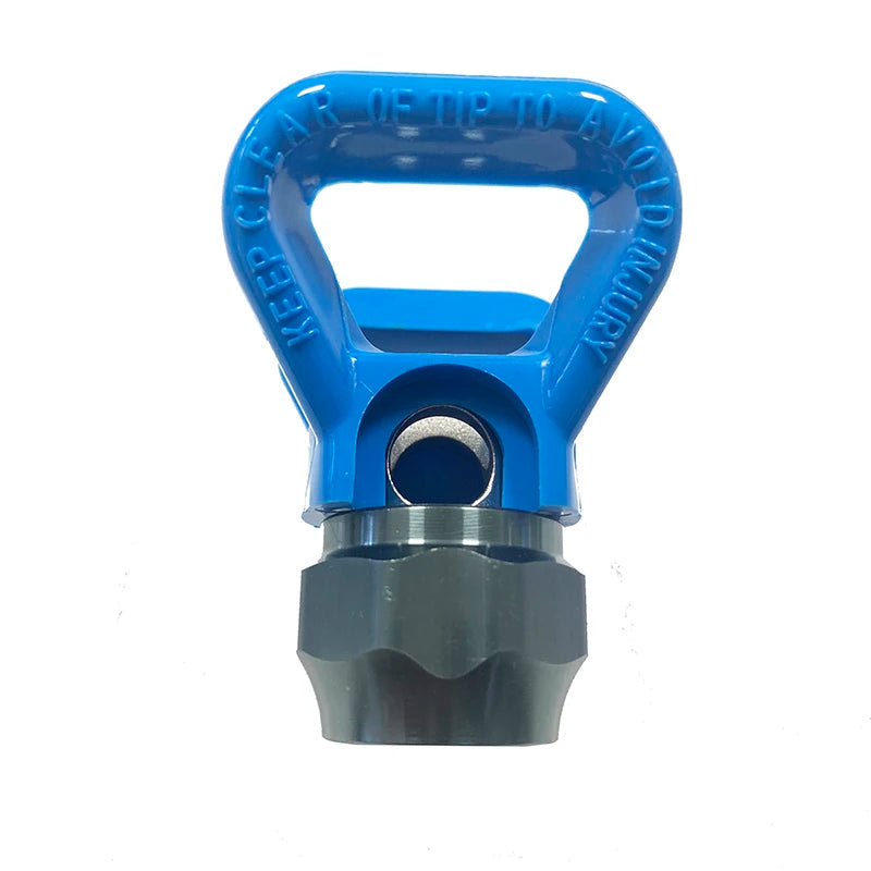 Blue universal airless paint sprayer nozzle guard and seat with a handle.