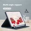 A black multi-angle support case for an iPad with a pen hole, featuring a pink composition notebook design.