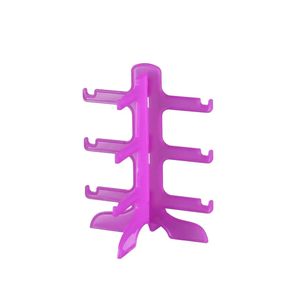 A pink stackable display stand designed for holding sunglasses and reading glasses.