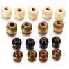 A collection of natural wooden spacer beads in various light and dark shades arranged in a row.