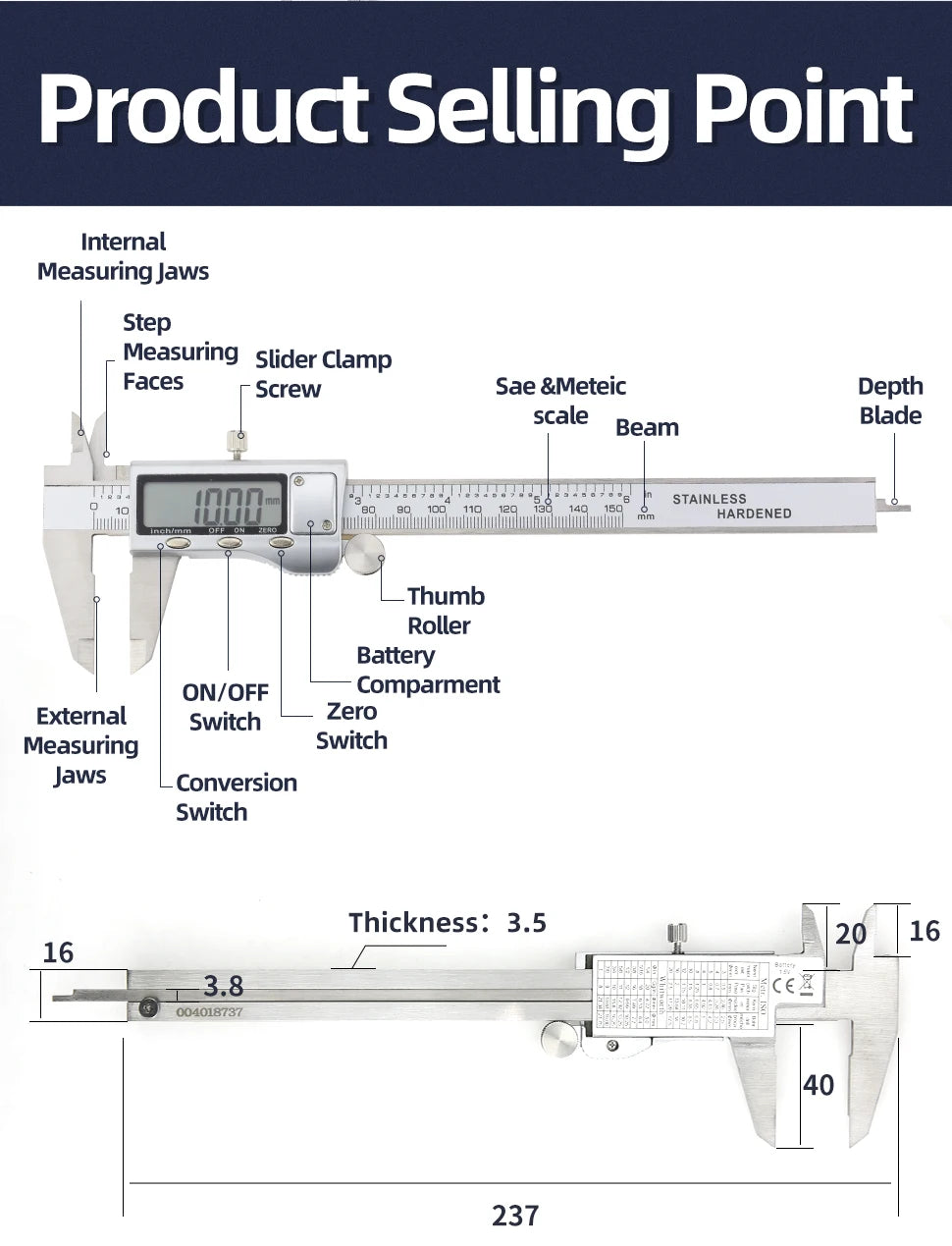 Stainless Steel Digital Caliper with LCD Display