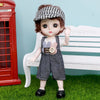 A fashion doll with brown hair wearing a checkered headband and overalls sitting on a white bench.