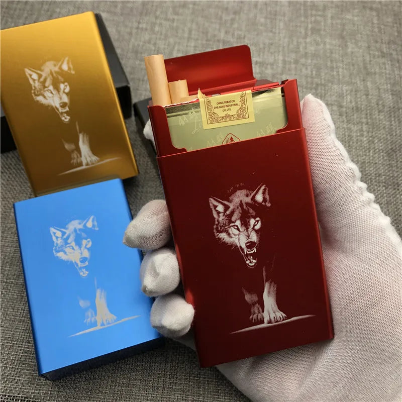 Ultra-Slim Aluminum Cigarette Case with Laser-Engraved Wolf Design