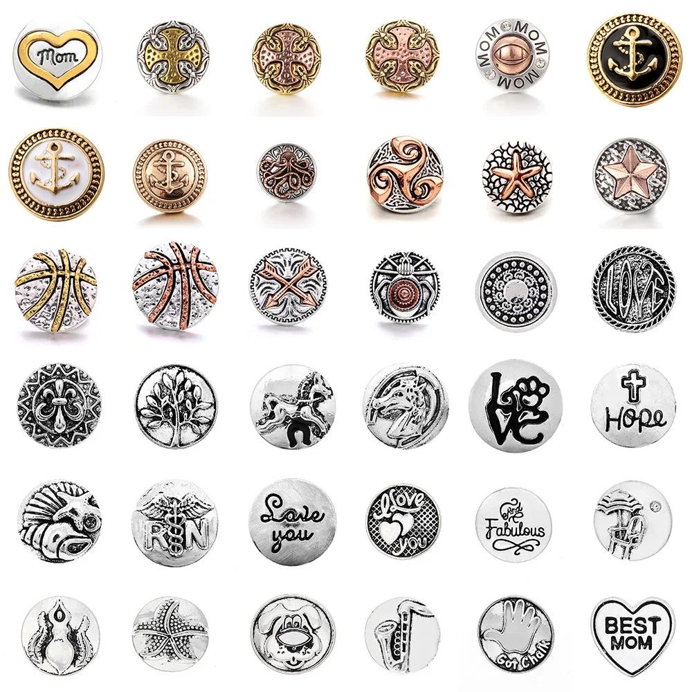 A collection of 20 metal snap buttons for jewelry making featuring various designs including anchors, stars, and abstract pat