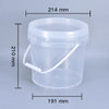 A clear plastic food-grade bucket with a lid is shown, measuring 214 mm in height and 191 mm in diameter.