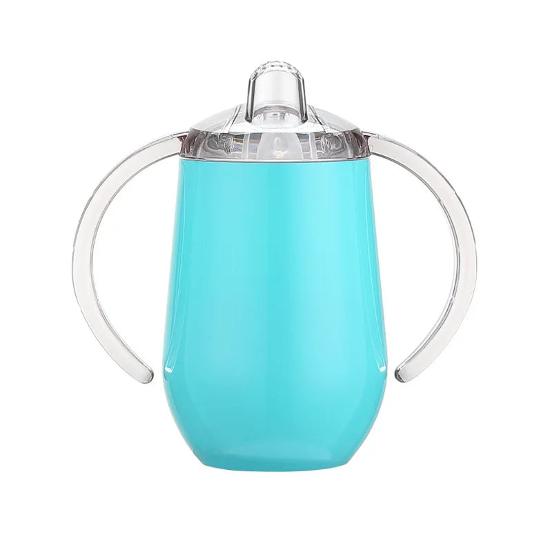 Tasse à biberon en acier inoxydable bicolore bleu clair avec couvercle et anse.