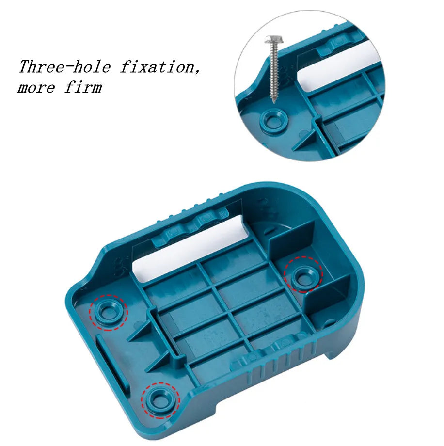 A teal wall-mount battery holder for 18V power tools showing a three-hole fixation mechanism.