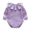 A lavender baby girl floral lace cotton romper with ruffled collar and long sleeves.