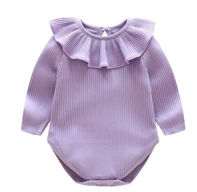 A lavender baby girl floral lace cotton romper with ruffled collar and long sleeves.