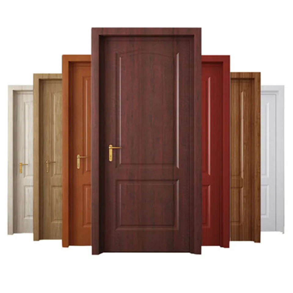 A row of wooden doors in various shades of brown and red with wood grain texture.