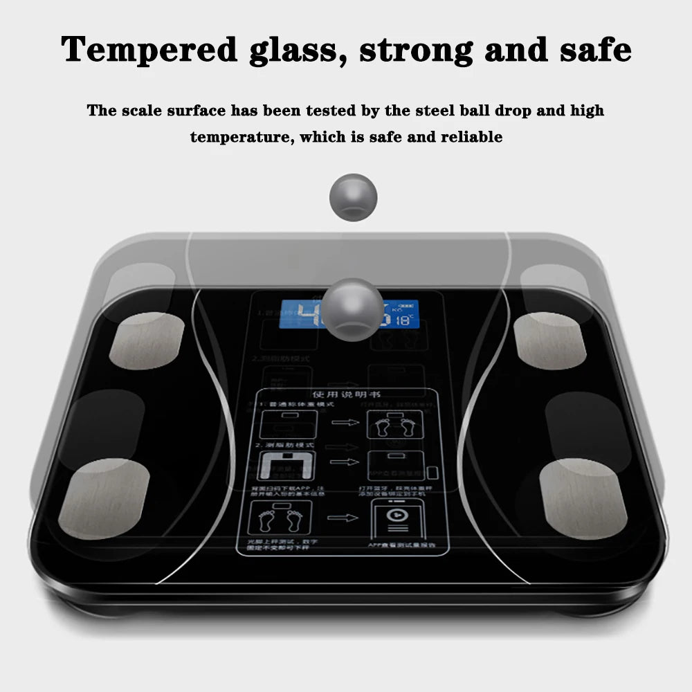 A black smart body composition scale with a glass surface and a weighing platform.