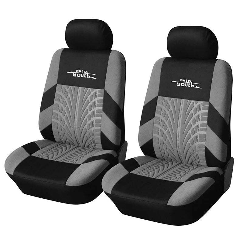 A pair of black and gray auto youth car seat covers for two-row vehicles.
