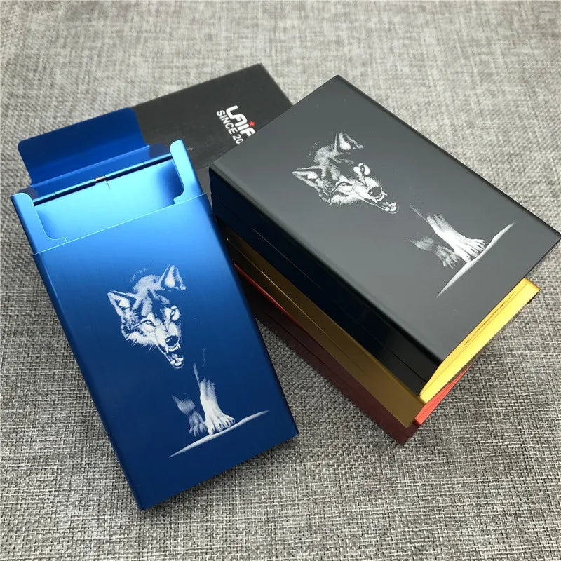 Ultra-Slim Aluminum Cigarette Case with Laser-Engraved Wolf Design
