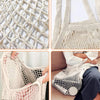 Close-up views of beige organic cotton mesh produce bags used for reusable shopping totes.