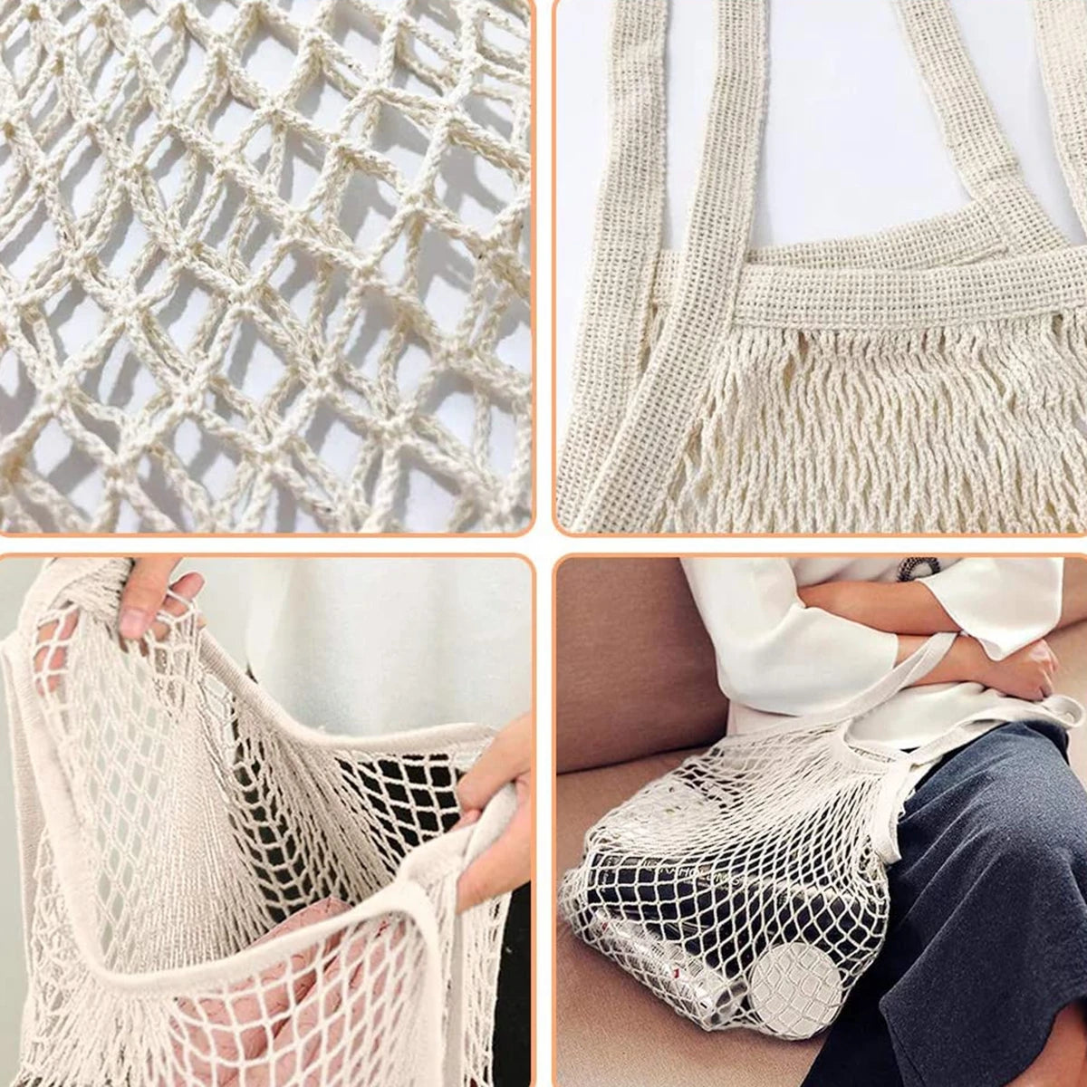 Close-up views of beige organic cotton mesh produce bags used for reusable shopping totes.