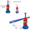 A set of progressive ejection pitching machine for kids including a launcher, bat, and white balls.