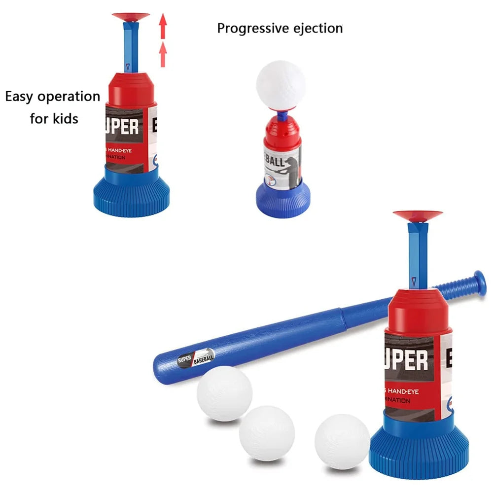 A set of progressive ejection pitching machine for kids including a launcher, bat, and white balls.