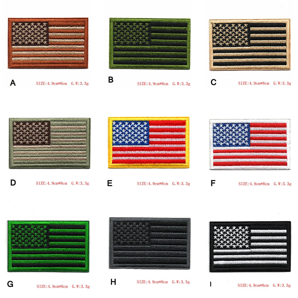 Nine variations of embroidered American flag patches in different colors and styles, including traditional stripes and stars.
