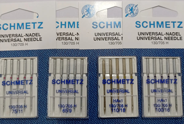 Pack of five universal sewing machine needles labeled SCHMETZ for various brands