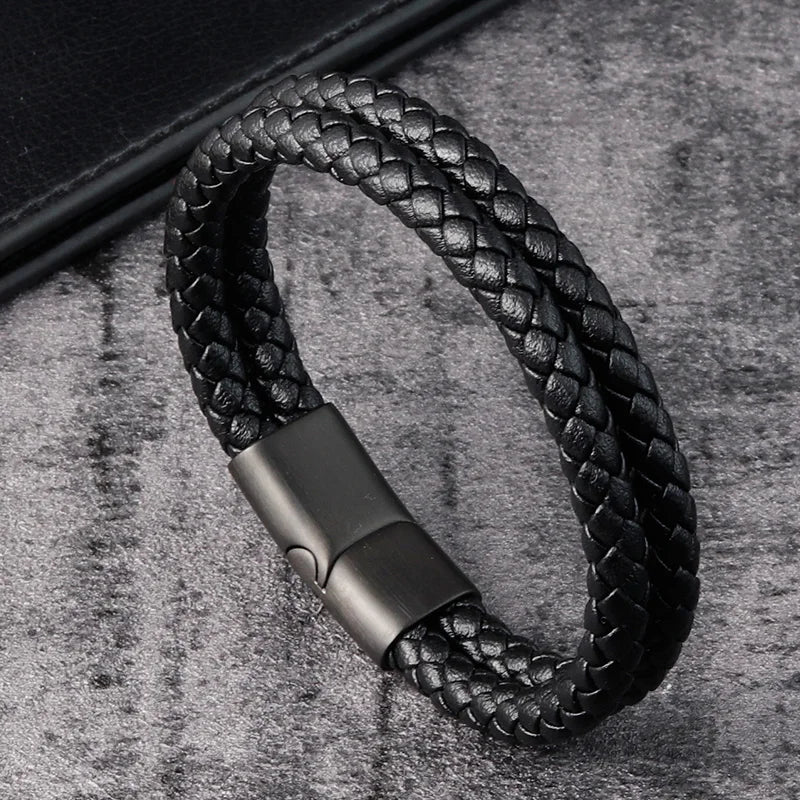 Men's Leather and Stainless Steel Bracelet with Magnetic Clasp