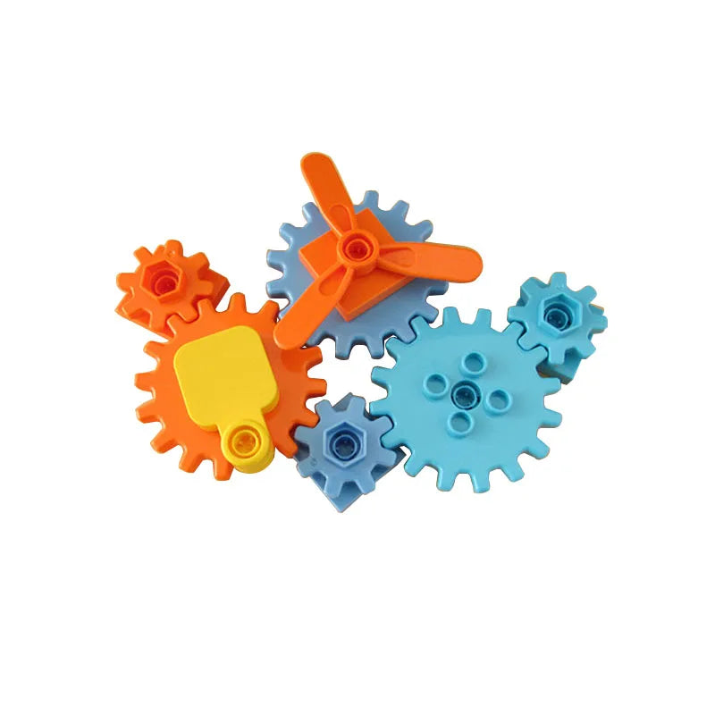 A set of colorful wooden gears and a yellow block accessory kit for toddler learning.