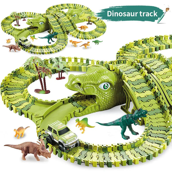 Ensemble de pistes de dinosaures vert avec divers dinosaures et un véhicule sur une piste circulaire.